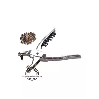   bőrlyukasztó klt.; fogó 225mm + 6 db lyukasztó fej: 2,5-3,0-3,5-4,0-4,5-5mm + 2 db szegecselő fej + 100 db szegecs