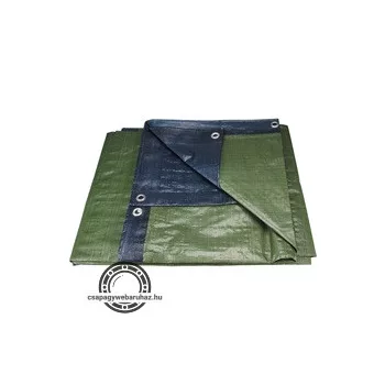   takaróponyva, vízálló, de nem UV álló; 150g/nm, 6×10m névleges méret, valós méret: 5,8×9,8m, PE, lefűző lyukakkal