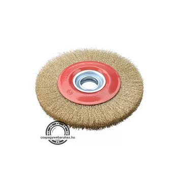   drótcsiszoló körkefe kettős köszörűre, 150mm, 32mm átm, műa. adapterek, hullámos szálú, rezezett acél