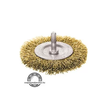   drótcsiszoló körkefe, 63mm, fúrógépbe fogható: 6mm csap, hullámos szálú, rezezett acél, max 4500 frod/perc