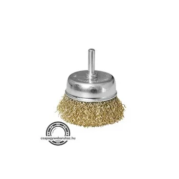   drótcsiszoló fazékkefe, csapos; 63mm, O 6mm-es csap, fúróba fogható, hullámos szálú, rezezett acél, max 4500 ford/perc