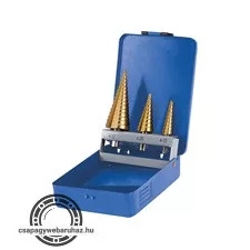 lépcsős fémfúró klt. 3db; (4-12mm/1mm lépcsők,4-20mm/2mm,4-32mm/2mm) befogás:10mm, max.4mm vastag anyagokhoz,TiN bevonat