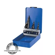 lépcsős fémfúró klt. 3db; (4-12mm/1mm lépcsők,4-20mm/2mm,4-32mm/2mm) befogás:10mm, max.4mm vastag anyagokhoz, spirállal