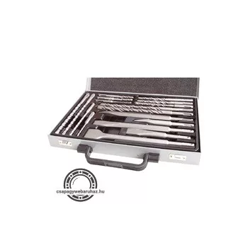   betonfúró és véső klt. SDS PLUS; 17db, 5, 6, 8,10/110mm, 6,8,10,12/160mm, 8,10/210mm, 12,14/260mm, vésők lapos, hegyes