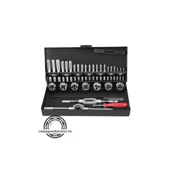   menetfúró menetmetsző klt., fém dobozban; 32db M3-M12, jó minőségű szénacél