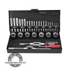 menetfúró menetmetsző klt., fém dobozban; 32db M3-M12, jó minőségű szénacél