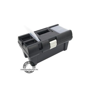   szerszámosláda, műanyag, alucsatos, tálcával, fekete, lakatolható; 16", 415×220×200mm,  rendező felül