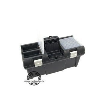   szerszámosláda, műanyag, alucsatos, tálcával, fekete, lakatolható; 20", 525×255×245mm, rendező felül