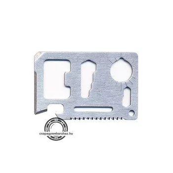   túlélő kártya, 11 funkciós, tokkal; 6,9×4,5×0,2cm, inox