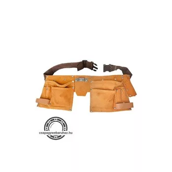   szerszámtartó öv, sok zsebes, hasított bőr ; műanyag csattal