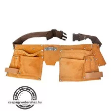 szerszámtartó öv, sok zsebes, hasított bőr ; műanyag csattal