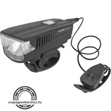 LED lámpa, biciklis, első, fehér 5 W LED; 350 Lm, ABS ház, USB újratölthető beépített Li-ion akku, 1200 mAh, duda funkc.