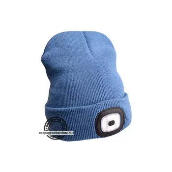   sapka, kék, kötött, kivehető LED homloklámpával, 4×45 Lumen; USB tölthető Li-ion akku, 3 funkció (100%-75%-50% fényerő)