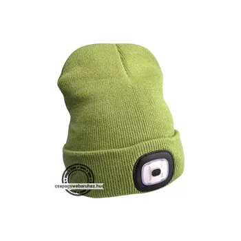   sapka, zöld, kötött, kivehető LED homloklámpával, 4×45 Lumen; USB tölthető Li-ion akku, 3 funkció (100%-75%-50% fényerő)