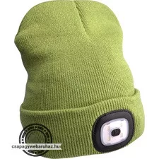 sapka, zöld, kötött, kivehető LED homloklámpával, 4×45 Lumen; USB tölthető Li-ion akku, 3 funkció (100%-75%-50% fényerő)