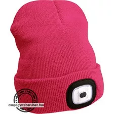 sapka, pink, kötött, kivehető LED homloklámpával, 4×45 Lumen; USB tölthető Li-ion akku, 3 funkció (100%-75%-50% fényerő)