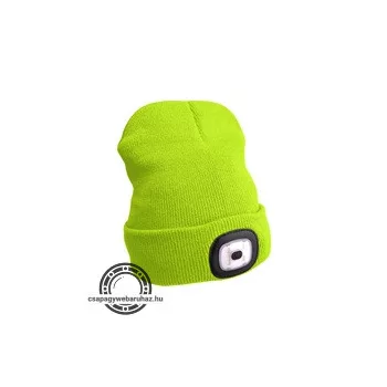   sapka, sárga, kötött, kivehető LED homloklámpával, 4×45 Lumen; USB tölthető Li-ion akku, 3 funkció (100%-75%-50% fénye.)