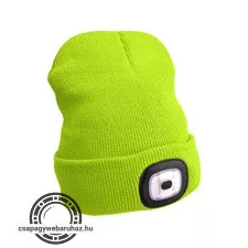 sapka, sárga, kötött, kivehető LED homloklámpával, 4×45 Lumen; USB tölthető Li-ion akku, 3 funkció (100%-75%-50% fénye.)