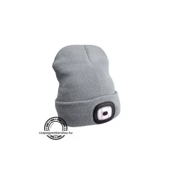   sapka, szürke, kötött, kivehető LED homloklámpával, 4×45 Lumen; USB tölthető Li-ion akku, 3funkció (100%-75%-50% fénye.)