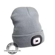 sapka, szürke, kötött, kivehető LED homloklámpával, 4×45 Lumen; USB tölthető Li-ion akku, 3funkció (100%-75%-50% fénye.)