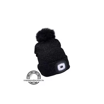   sapka, fekete, pomponnal, kötött, kivehető LED homloklámpával, 4×45 Lumen; USB tölthető Li-ion, 3funkció (100%-75%-50%)