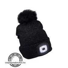 sapka, fekete, pomponnal, kötött, kivehető LED homloklámpával, 4×45 Lumen; USB tölthető Li-ion, 3funkció (100%-75%-50%)