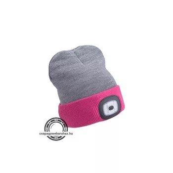   sapka, szürke/pink, kötött, kivehető LED homloklámpával, 4×45 Lumen; USB tölthető Li-ion, 3funkció (100%-75%-50% fénye.)