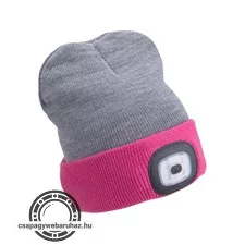 sapka, szürke/pink, kötött, kivehető LED homloklámpával, 4×45 Lumen; USB tölthető Li-ion, 3funkció (100%-75%-50% fénye.)