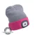 sapka, szürke/pink, kötött, kivehető LED homloklámpával, 4×45 Lumen; USB tölthető Li-ion, 3funkció (100%-75%-50% fénye.)