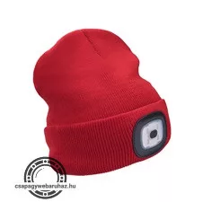 sapka, piros, kötött, kivehető LED homloklámpával, 4×45 Lumen; USB tölthető Li-ion, 3funkció (100%-75%-50% fénye.)