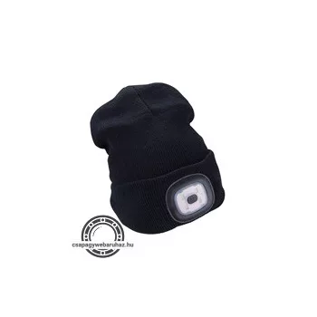   sapka, fekete, kötött, kivehető LED homloklámpával, 4×45 Lumen; USB tölthető Li-ion, 3funkció (100%-75%-50% fénye.)