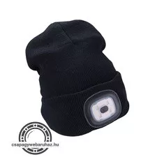 sapka, fekete, kötött, kivehető LED homloklámpával, 4×45 Lumen; USB tölthető Li-ion, 3funkció (100%-75%-50% fénye.)