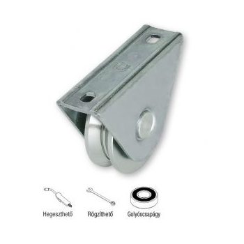   411.100 Egycsapágyas (100 mm kerék-Ø egycsapágyas) “Y” profilú tolókapugörgő talpas villaszerkezettel, horganyzott