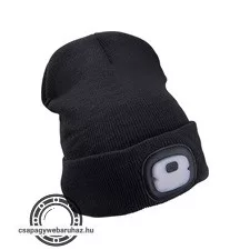sapka, sötétszürke, kötött, kivehető LED homloklámpával, 4×25 Lumen; USB tölthető Li-ion akku, 3funkció (100%-75%-50%)