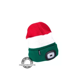   sapka, piros/fehér/zöld, kötött, kivehető LED homloklámpával, 4×45 Lumen; USB tölthető Li-ion, 3funkció (100%-75%-50%)