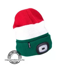 sapka, piros/fehér/zöld, kötött, kivehető LED homloklámpával, 4×45 Lumen; USB tölthető Li-ion, 3funkció (100%-75%-50%)