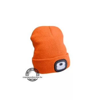   sapka, neon-narancs, kötött, kivehető LED homloklámpával, 4×25 Lumen; USB tölthető Li-ion akku, 3funkció (100%-75%-50%)