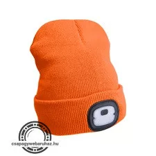 sapka, neon-narancs, kötött, kivehető LED homloklámpával, 4×25 Lumen; USB tölthető Li-ion akku, 3funkció (100%-75%-50%)