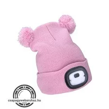 sapka, gyerek, rózsaszín, kötött, kivehető LED homloklámpával, 4×25 Lumen; USB tölthető Li-ion, 3funkció (100%-75%-50%)