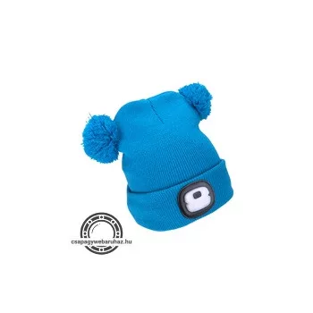   sapka, gyerek, kék, kötött, kivehető LED homloklámpával, 4×25 Lumen; USB tölthető Li-ion, 3funkció (100%-75%-50%)