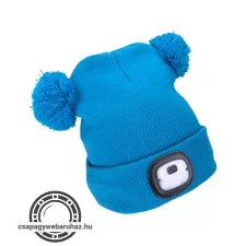 sapka, gyerek, kék, kötött, kivehető LED homloklámpával, 4×25 Lumen; USB tölthető Li-ion, 3funkció (100%-75%-50%)