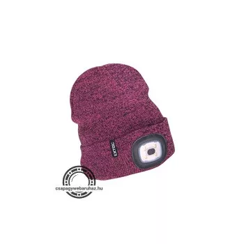   sapka, lila/fekete, kötött, kivehető LED homloklámpával, 4×45 Lumen; USB tölthető Li-ion, 3funkció (100%-75%-50%)
