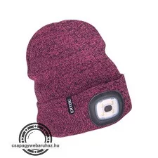 sapka, lila/fekete, kötött, kivehető LED homloklámpával, 4×45 Lumen; USB tölthető Li-ion, 3funkció (100%-75%-50%)
