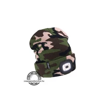   sapka, terepszínű, kötött, kivehető LED homloklámpával, 4×45 Lumen; USB tölthető Li-ion, 3funkció (100%-75%-50%)