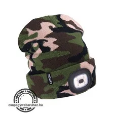 sapka, terepszínű, kötött, kivehető LED homloklámpával, 4×45 Lumen; USB tölthető Li-ion, 3funkció (100%-75%-50%)