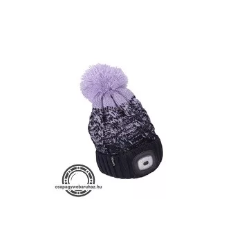   sapka, kék/lila pomponnal, kötött, kivehető LED homloklámpával, 4×45 Lumen; USB tölthető Li-ion, 3funkció (100%-75%-50%)