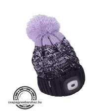 sapka, kék/lila pomponnal, kötött, kivehető LED homloklámpával, 4×45 Lumen; USB tölthető Li-ion, 3funkció (100%-75%-50%)