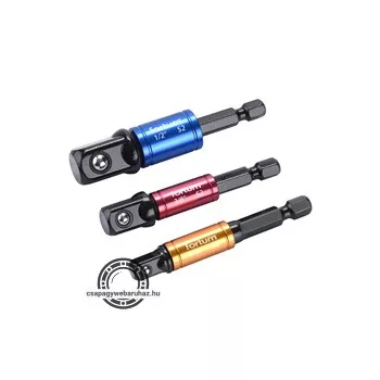   dugókulcs adapter készlet 3db-os; 1/4" - 3/8" - 1/2" dugófejekhez, fúrógépbe befogás: 1/4" hatszög, S2 acél