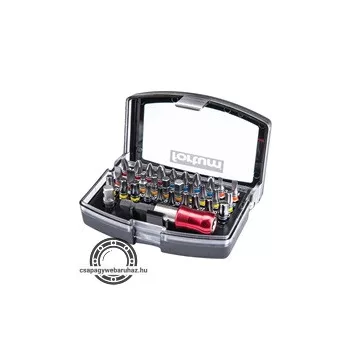   bit klt., 32db ; 1/4"×25mm bit, S2 acél (lapos,PH,PZ,Imbusz,Torx, lyukasTorx), 1db mágneses bittartó, 1 db adapter
