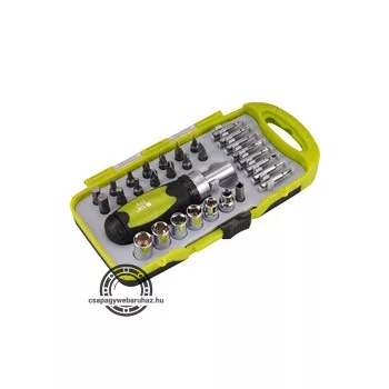   racsnis BIT dugókulcs, csavarhúzó klt.; 30db-os, CrV., irányváltós, mágneses, műanyag dobozban